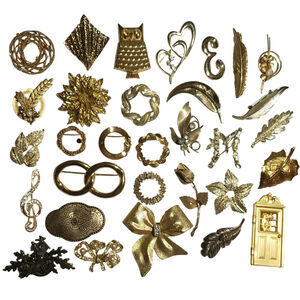 31 Brooches in Goldtones Some Signed Wearable Resale Bundle